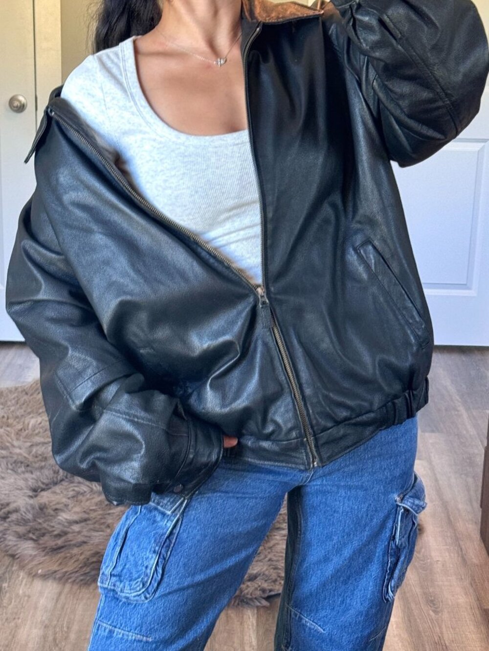 Croft & Barrow Black Baggy Leather Bomber Jacket Large Moto Bikercore Streetwear